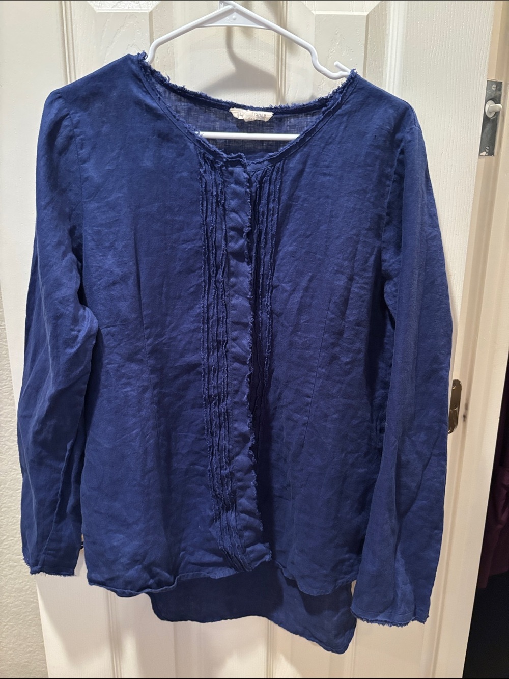Eileen Fisher Royal Saphir Blue Irish Linen Frayed Pintuck Tuxedo Shirt sz M